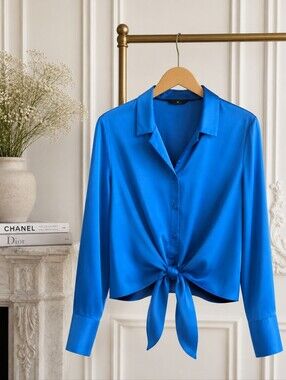 Worthington Royal Blue Satin Tie-Front Blouse | Button-Up Long Sleeve Top